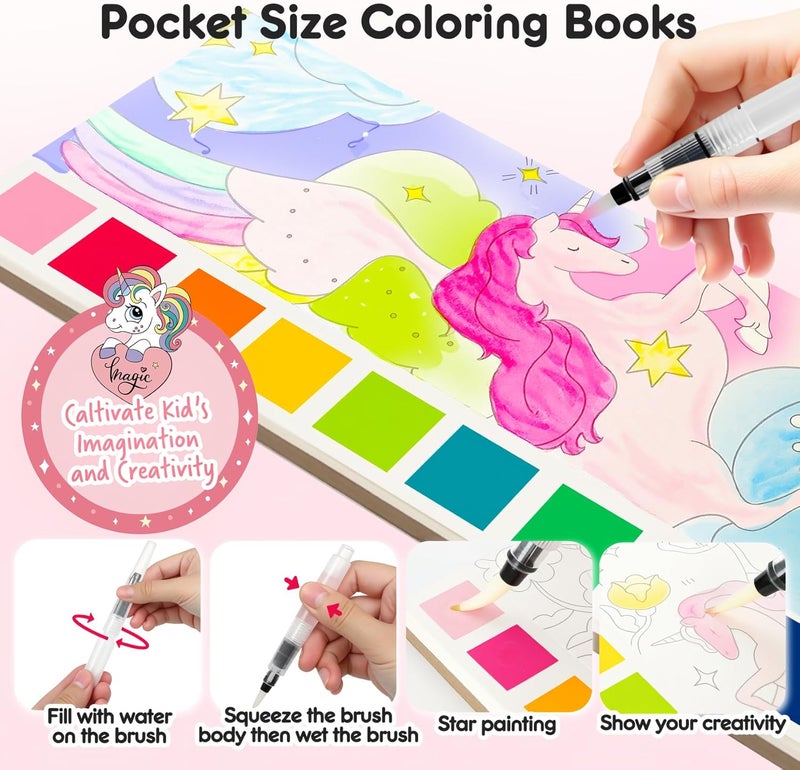 ROOCHKD Watercolor Painting Coloring Books Pocket Watercolor Paint Bookmarks, Mess Free Paint with Water Set, Travel Class Activities Art Party Favors Exchange Birthday Gifts for Kids (Unicorn Dream) - Image 3